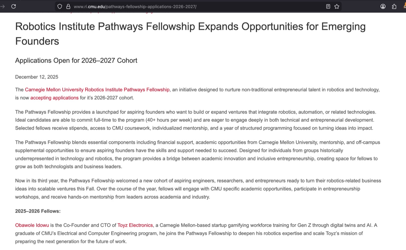 CMU Robotics Institute Pathways Fellowship announcement naming Wole Idowu
